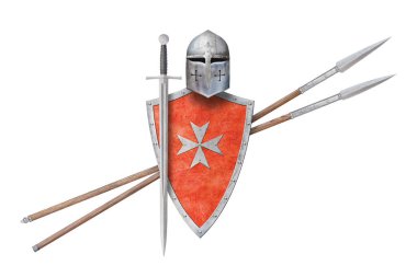 Metal bir haç kılıcı ve beyaz üzerine izole edilmiş iki mızrakla donatılmış kırmızı bir kalkan.