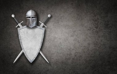 Şövalye miğferi beyaz kalkan ve arka planda iki kılıç.