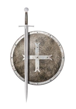 sword and round shield decorated with iron cross isolated on white