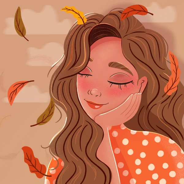 美丽的黑发姑娘紧闭双眼靠在手上 做着白日梦 秋天的树叶飘落 乌云密布 生动的例证 — 图库照片