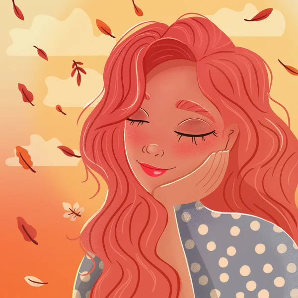 Красивая Рыжая Девушка Опираясь Руку Закрытыми Глазами Мечтает Осенние Листья — стоковое фото