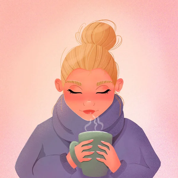 Beautiful blond girl with a messy bun holding a cup in a cozy sweater. Winter scene. Colorful illustration.