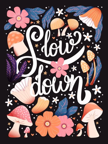 Slow Hand Lettering Card Flowers Typography Floral Decoration Dark Background — ストックベクタ