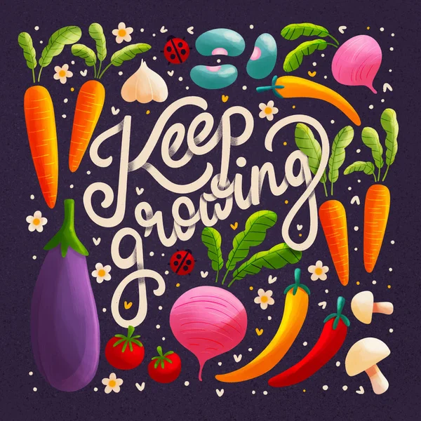 Hand Lettering Keep Growing Spring Illustration Vegetables Drawn Letters Vibrant — ストック写真