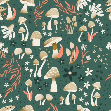 Mushroom and flower seamless pattern with beautiful florals, leaves and buds. Beautiful woodland garden in nature. Colorful vector illustration. 