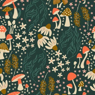 Mushroom and flower seamless pattern with beautiful florals, leaves and buds. Beautiful woodland garden in nature. Colorful vector illustration. 