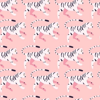 Elle çizilmiş kusursuz desenli parlak pembe arka planda, egzotik büyük kedi beyaz kaplan. Renkli düz vektör illüstrasyonu