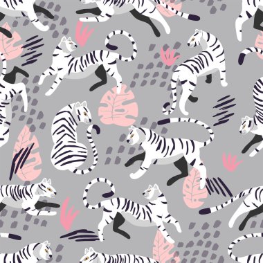 Elle çizilmiş kusursuz desenli egzotik büyük kedi beyaz kaplan, tropikal bitkiler ve açık gri arka planda soyut elementler. Renkli düz vektör illüstrasyonu