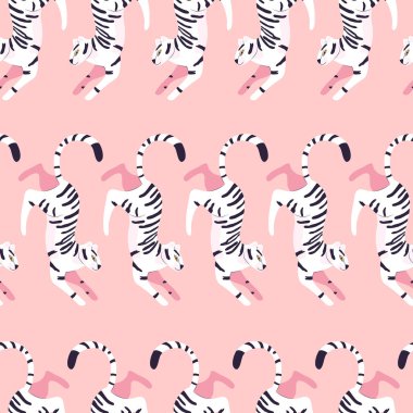 Elle çizilmiş kusursuz desenli açık pembe arka planda, egzotik büyük kedi beyaz kaplan. Renkli düz vektör illüstrasyonu