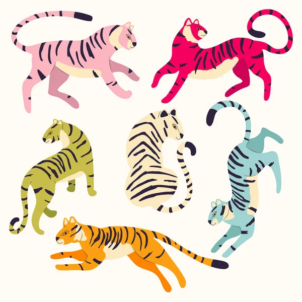 Colección Tigres Dibujados Mano Diferentes Colores Vibrantes Sobre Fondo Blanco — Vector de stock