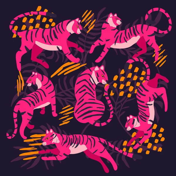 Sammlung Niedlicher Handgezeichneter Leuchtend Pinkfarbener Tiger Auf Lila Hintergrund Stehend — Stockvektor
