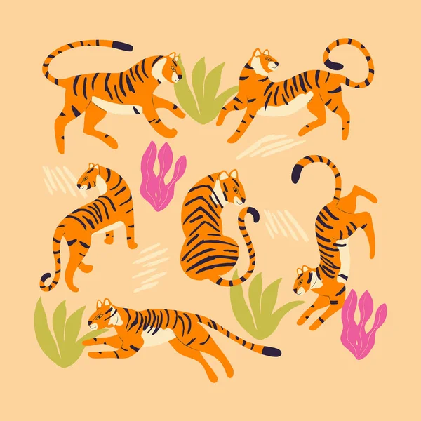 Sammlung Niedlicher Handgezeichneter Tiger Auf Hellbraunem Hintergrund Stehend Sitzend Laufend — Stockvektor