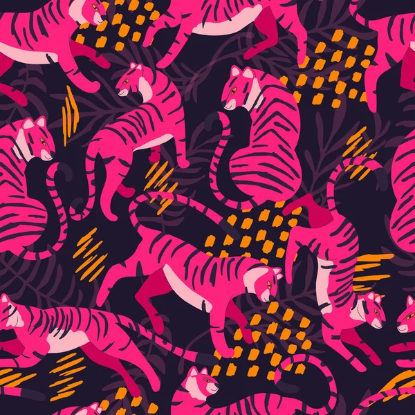 无缝隙图案 手绘奇异的大猫老虎 粉色鲜亮 有热带植物和紫色背景的抽象元素 彩色平面矢量插图 — 图库矢量图片