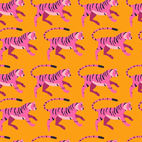 Бесшовный Узор Нарисованным Вручную Экзотическим Большим Кошачьим Тигром Ярко Розового — стоковый вектор