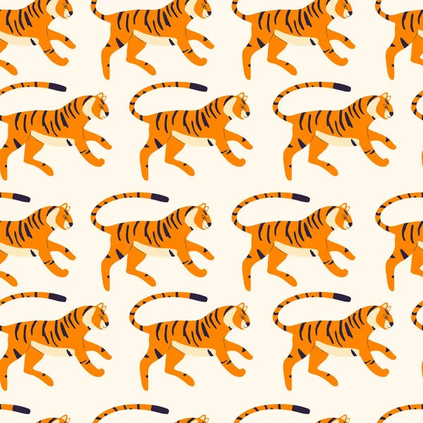 Płynny Wzór Ręcznie Rysowane Egzotyczne Duży Kot Tygrys Tle Kremu — Wektor stockowy