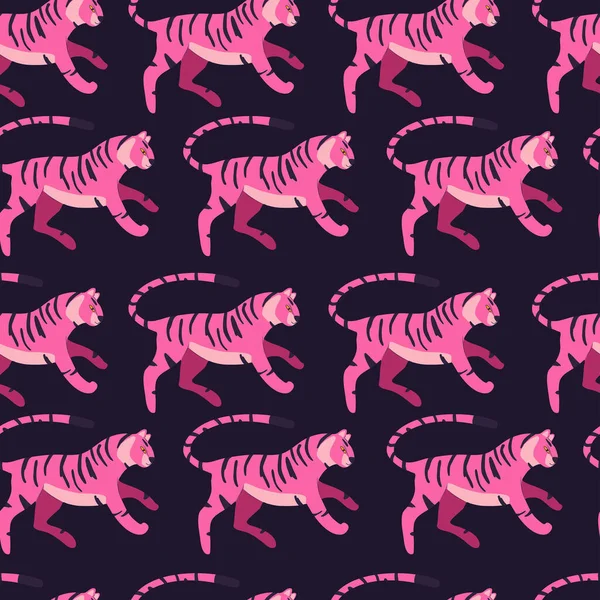 Patrón Sin Costuras Con Tigre Gato Grande Dibujado Mano Rosa — Archivo Imágenes Vectoriales