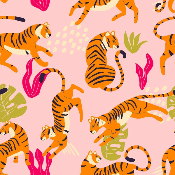 无缝图案 手绘异国情调的大猫虎 热带植物和抽象元素的浅粉背景 彩色平面矢量插图 — 图库矢量图片