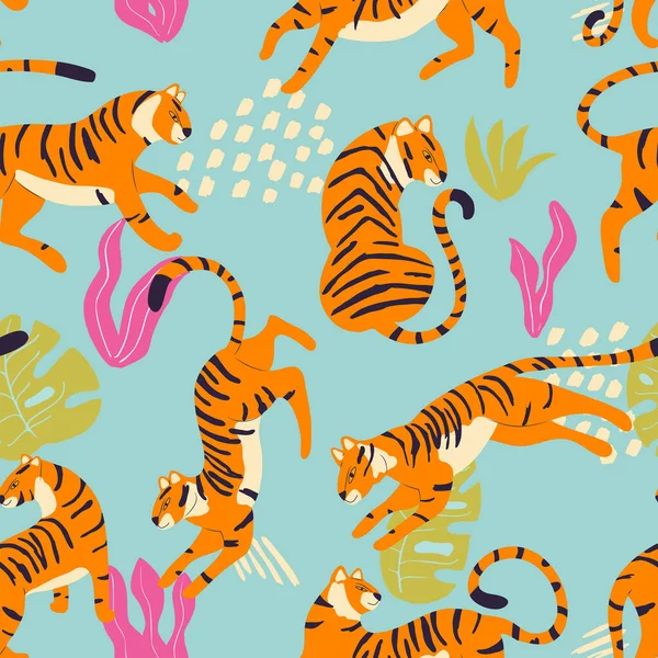 Patrón Sin Costuras Con Tigre Gato Grande Dibujado Mano Con — Archivo Imágenes Vectoriales