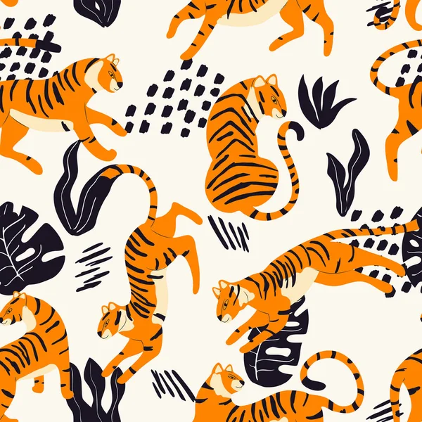 熱帯植物とクリームを背景に抽象的な要素を持つエキゾチックな大きな猫虎を描いた手でシームレスなパターン カラフルなフラットベクトルイラスト — ストックベクタ