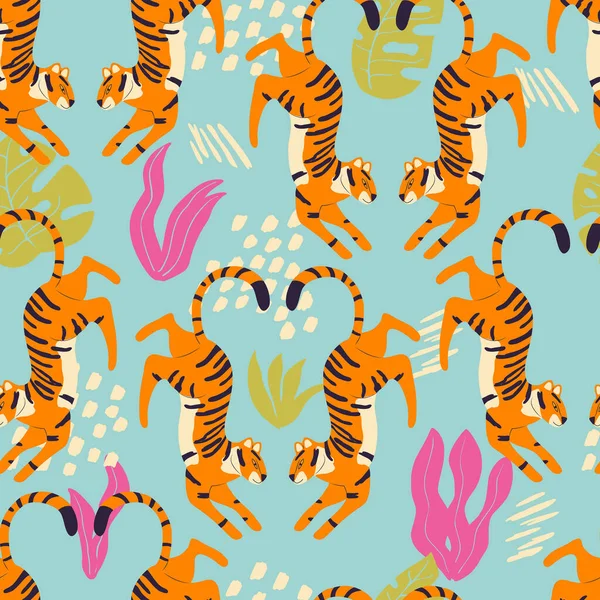 Padrão Sem Costura Com Mão Desenhado Tigre Grande Gato Exótico —  Vetores de Stock