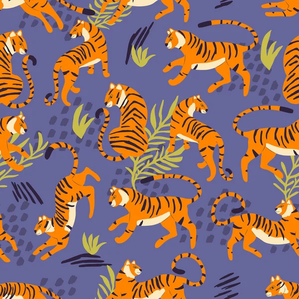 Бесшовный Рисунок Нарисованным Вручную Экзотическим Большим Кошачьим Тигром Тропическими Растениями — стоковый вектор