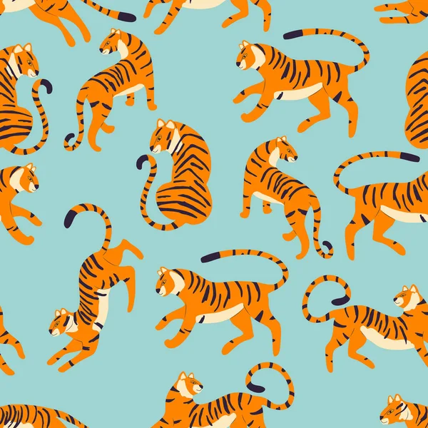 Płynny Wzór Ręcznie Rysowane Egzotyczne Duży Kot Tygrys Jasnoniebieskim Tle — Wektor stockowy