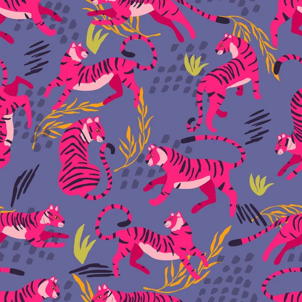 Patrón Sin Costuras Con Tigre Exótico Gato Grande Dibujado Mano — Archivo Imágenes Vectoriales