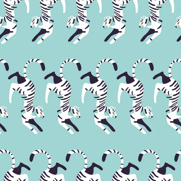 Sømløst Mønster Med Håndtegnet Eksotisk Stor Kat Hvid Tiger Lyseblå – Stock-vektor