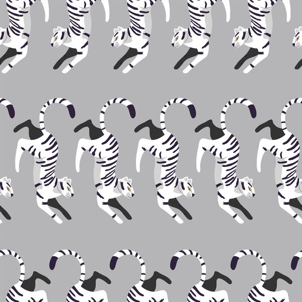 Seamless pattern with hand drawn exotic big cat white tiger, on light gray background. Colorful flat vector illustration