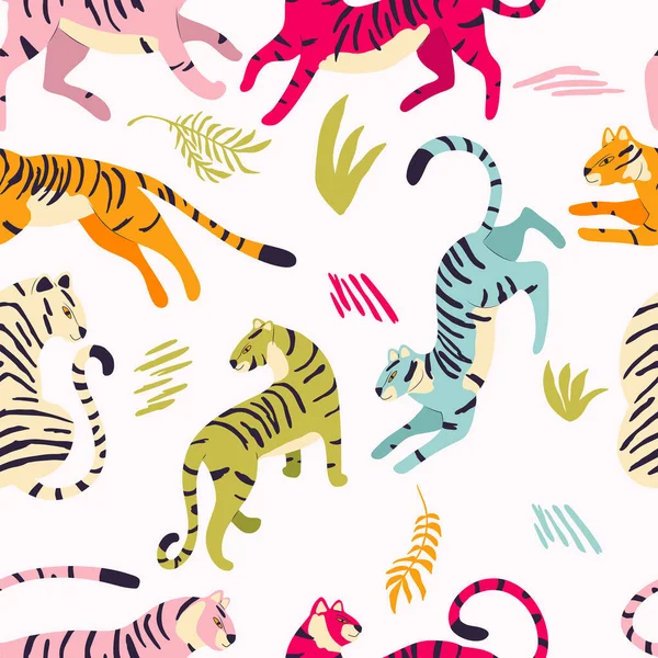Nahtloses Muster Mit Handgezeichneten Exotischen Raubkatzen Tigern Verschiedenen Lebendigen Farben — Stockvektor