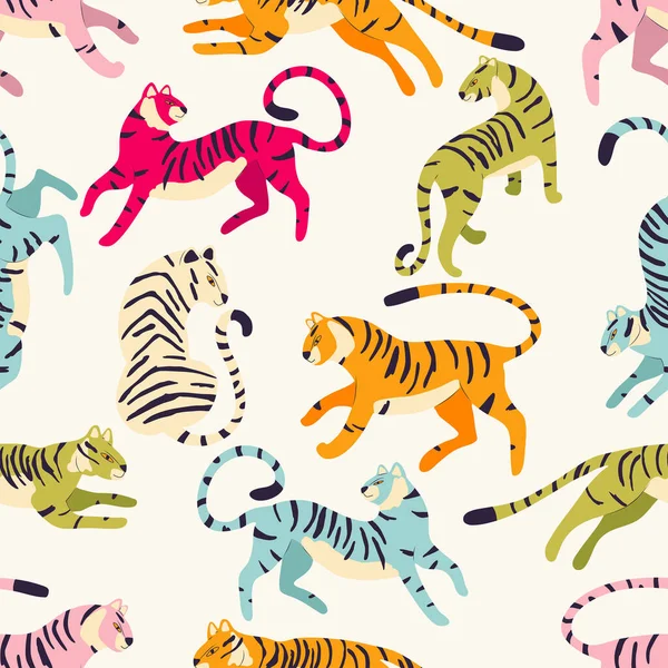 Patrón Sin Costuras Con Tigres Exóticos Dibujados Mano Diferentes Colores — Archivo Imágenes Vectoriales