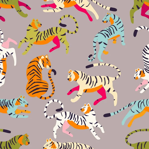 无缝隙图案 手绘奇异的大猫老虎 不同颜色 浅灰背景 彩色平面矢量插图 — 图库矢量图片