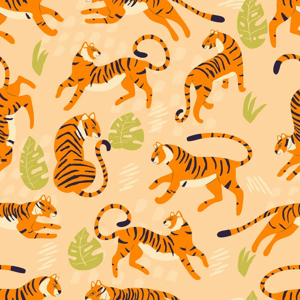 Безшовний Візерунок Ручним Малюнком Екзотичного Великого Котячого Тигра Тропічними Рослинами — стоковий вектор