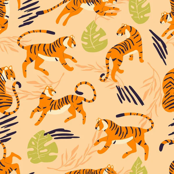 无缝图案 手绘异国情调的大猫虎 热带植物和抽象元素的浅褐色背景 彩色平面矢量插图 — 图库矢量图片