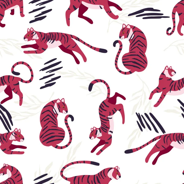 Patrón Sin Costuras Con Tigre Vivo Magenta Gato Grande Dibujado — Archivo Imágenes Vectoriales