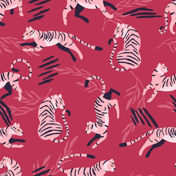 Patrón Sin Costuras Con Tigre Exótico Color Rosa Gato Grande — Archivo Imágenes Vectoriales