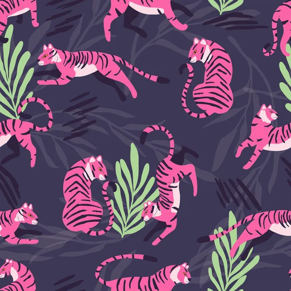 Bezproblémový Vzor Ručně Kresleným Exotickým Velkým Kočičím Růžovým Tygrem Tropickými — Stockový vektor