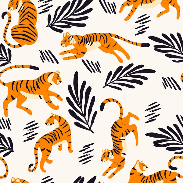 无缝图案 手绘异国情调的大猫虎 热带植物和抽象元素的奶油背景 彩色平面矢量插图 — 图库矢量图片
