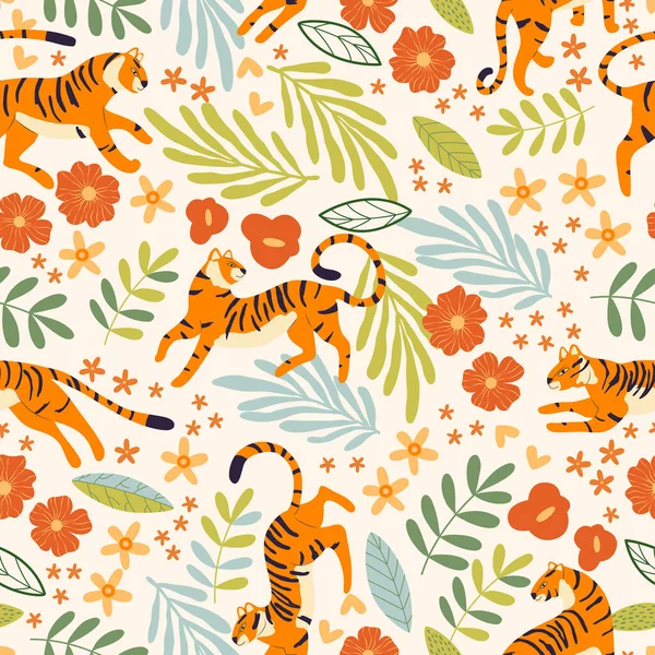 Безшовний Візерунок Ручним Малюнком Екзотичного Великого Котячого Тигра Тропічними Рослинами — стоковий вектор