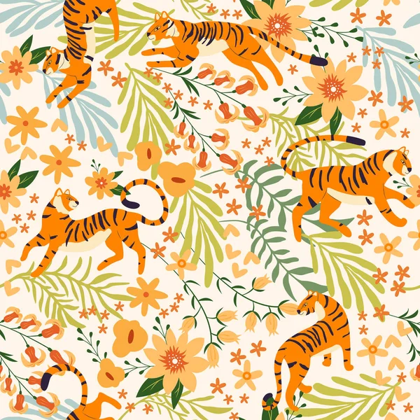 Seamless Pattern Hand Drawn Exotic Big Cat Tiger Tropical Plants — Stock Vector
