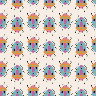 Şirin böceklerle kusursuz desen. Renkli el çizimi vektör illüstrasyonu