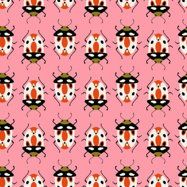 Şirin böceklerle kusursuz desen. Renkli el çizimi vektör illüstrasyonu