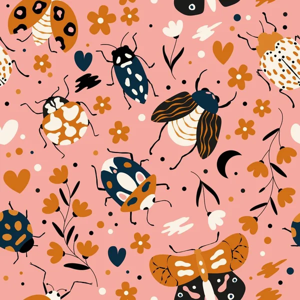 Seamless Pattern Cute Bugs Beetles Moth Insects Floral Elements Hearts — Stock Vector