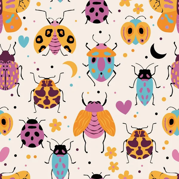 Seamless Pattern Cute Bugs Beetles Moth Insects Floral Elements Hearts — Stock Vector