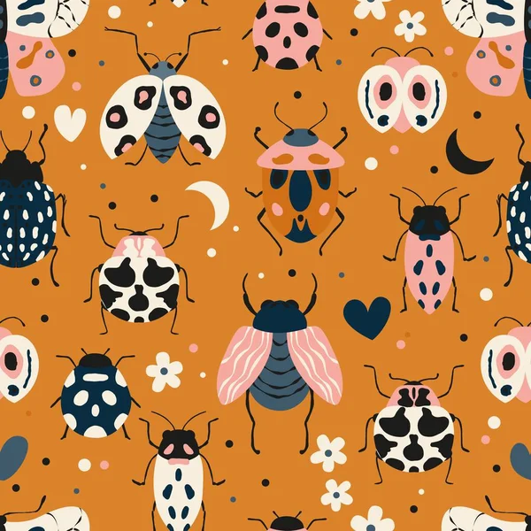 stock vector Seamless pattern with cute bugs, beetles, moth and insects, with floral elements, hearts and dots. Colorful hand drawn vector illustration
