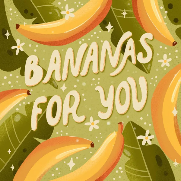 Bananen Voor Belettering Illustratie Met Bananen Groene Achtergrond Wenskaart Ontwerp — Stockfoto