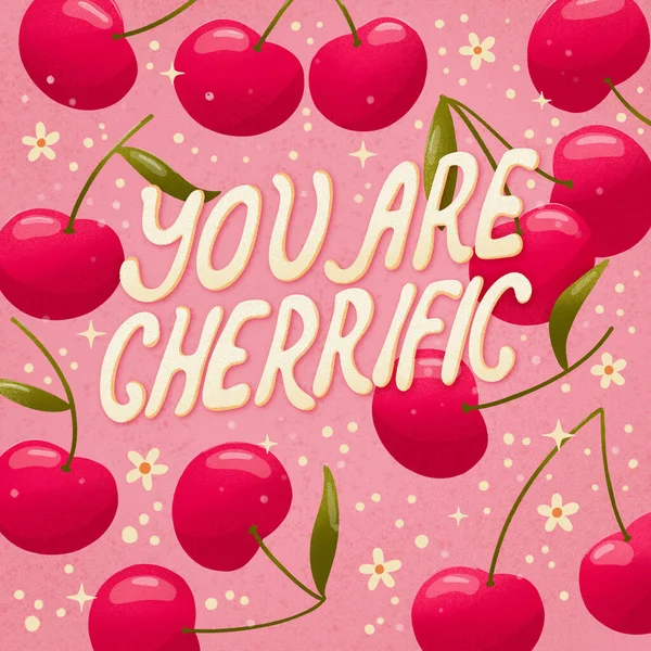 Siete Cherrific Illustrazione Lettering Con Ciliegie Sfondo Rosa Biglietto Auguri — Foto Stock