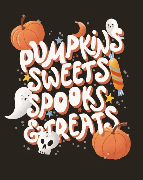 Feliz Halloween Ilustración Con Mensaje Letras Mano Fantasmas Lindos Calabazas — Foto de Stock