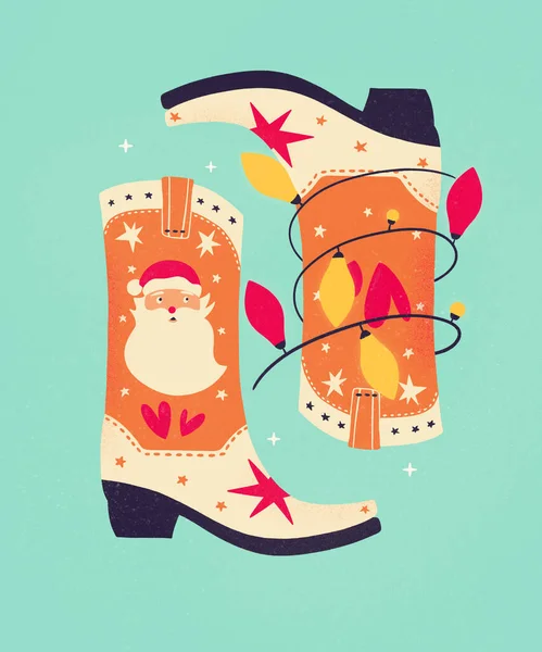 圣诞牛仔靴与圣诞老人和圣诞灯火薄荷背景 可爱的寒假贺卡插图 色彩鲜艳的设计 — 图库照片