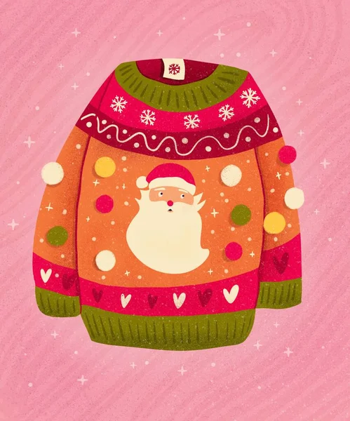 Carino Maglione Natale Con Babbo Natale Pon Pon Illustrazione Colorata — Foto Stock